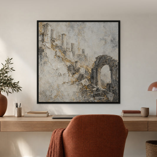 Faded Gold Ruins, black and white abstract hand-painted canvas wall art in a home office – Gallery 23