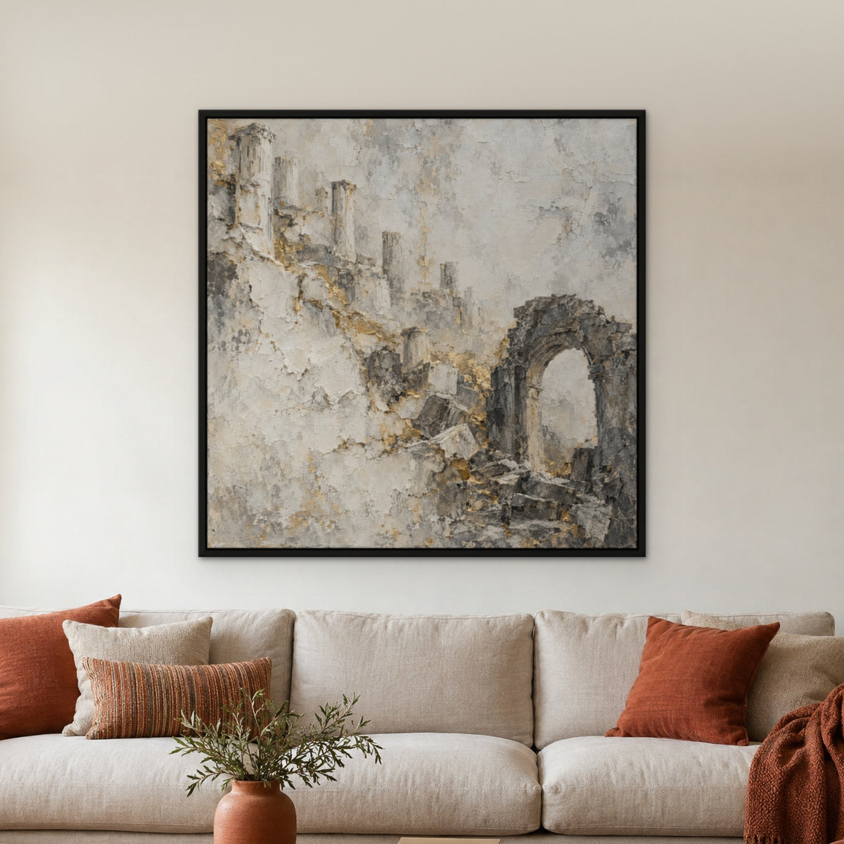 Faded Gold Ruins, black and white abstract hand-painted canvas wall art in a living room – Gallery 23