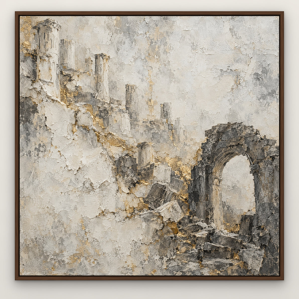 Faded Gold Ruins, black and white abstract hand-painted canvas wall art in a slim walnut float frame – Gallery 23