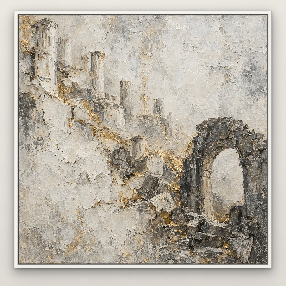 Faded Gold Ruins, black and white abstract hand-painted canvas wall art in a slim white float frame – Gallery 23