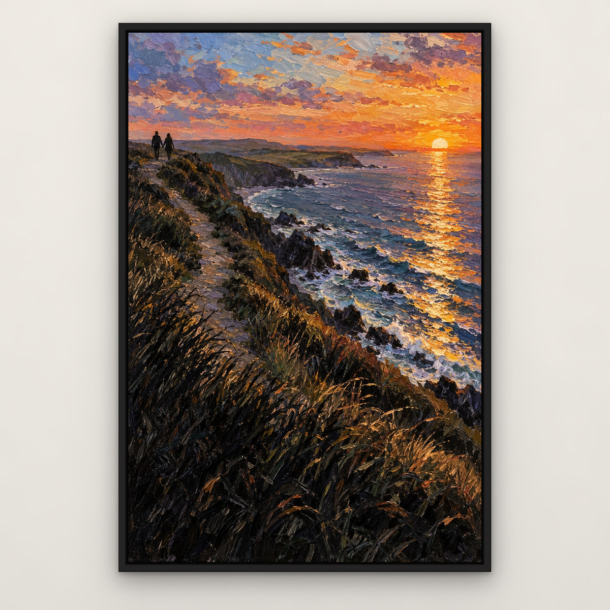 Lovers at Sundown, orange coastal hand-painted canvas wall art in a slim black float frame – Gallery 23