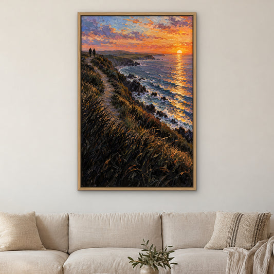 Lovers at Sundown, orange coastal hand-painted canvas wall art in a living room – Gallery 23