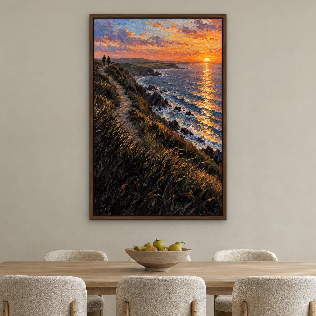 Lovers at Sundown, orange coastal hand-painted canvas wall art in a dining room – Gallery 23