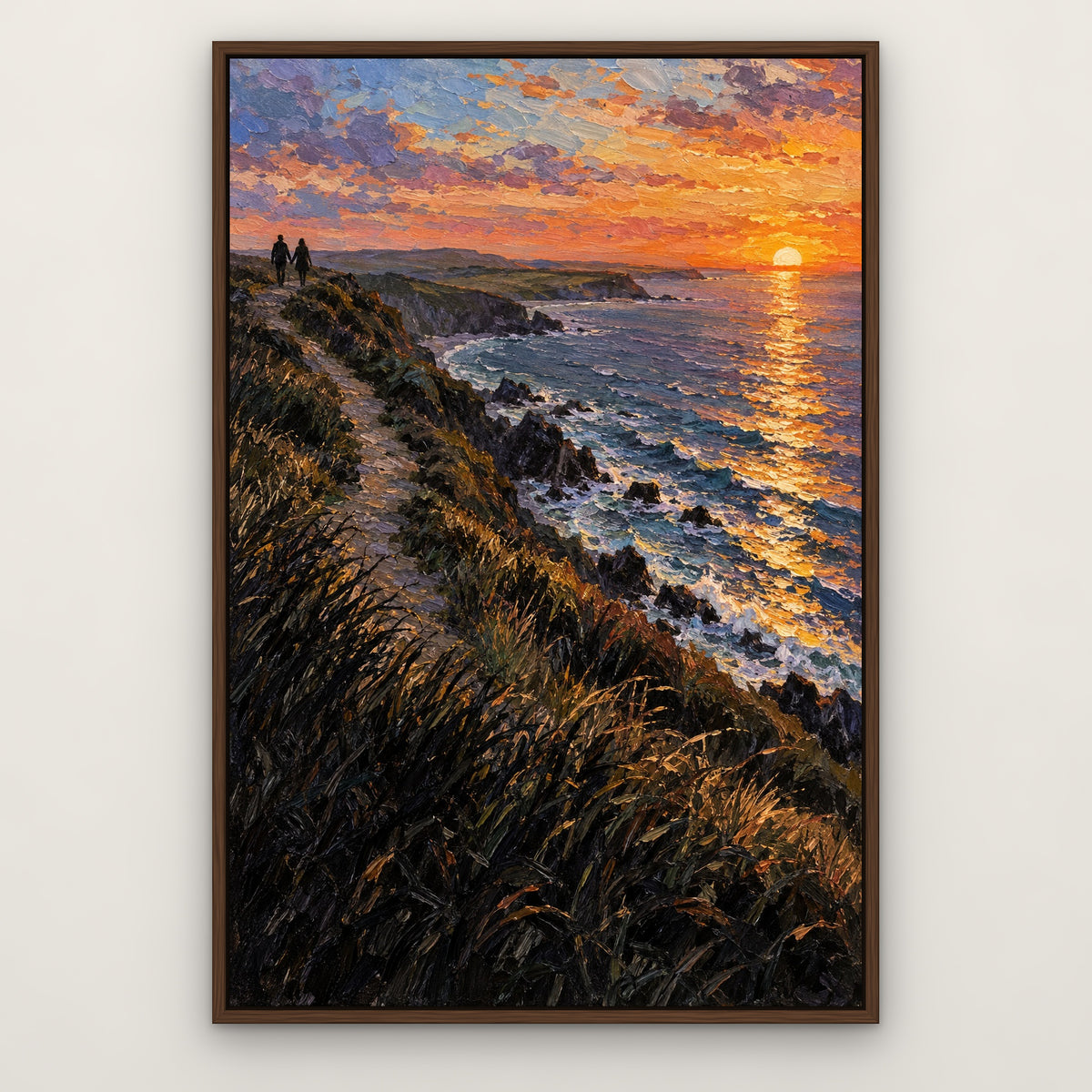 Lovers at Sundown, orange coastal hand-painted canvas wall art in a slim walnut float frame – Gallery 23