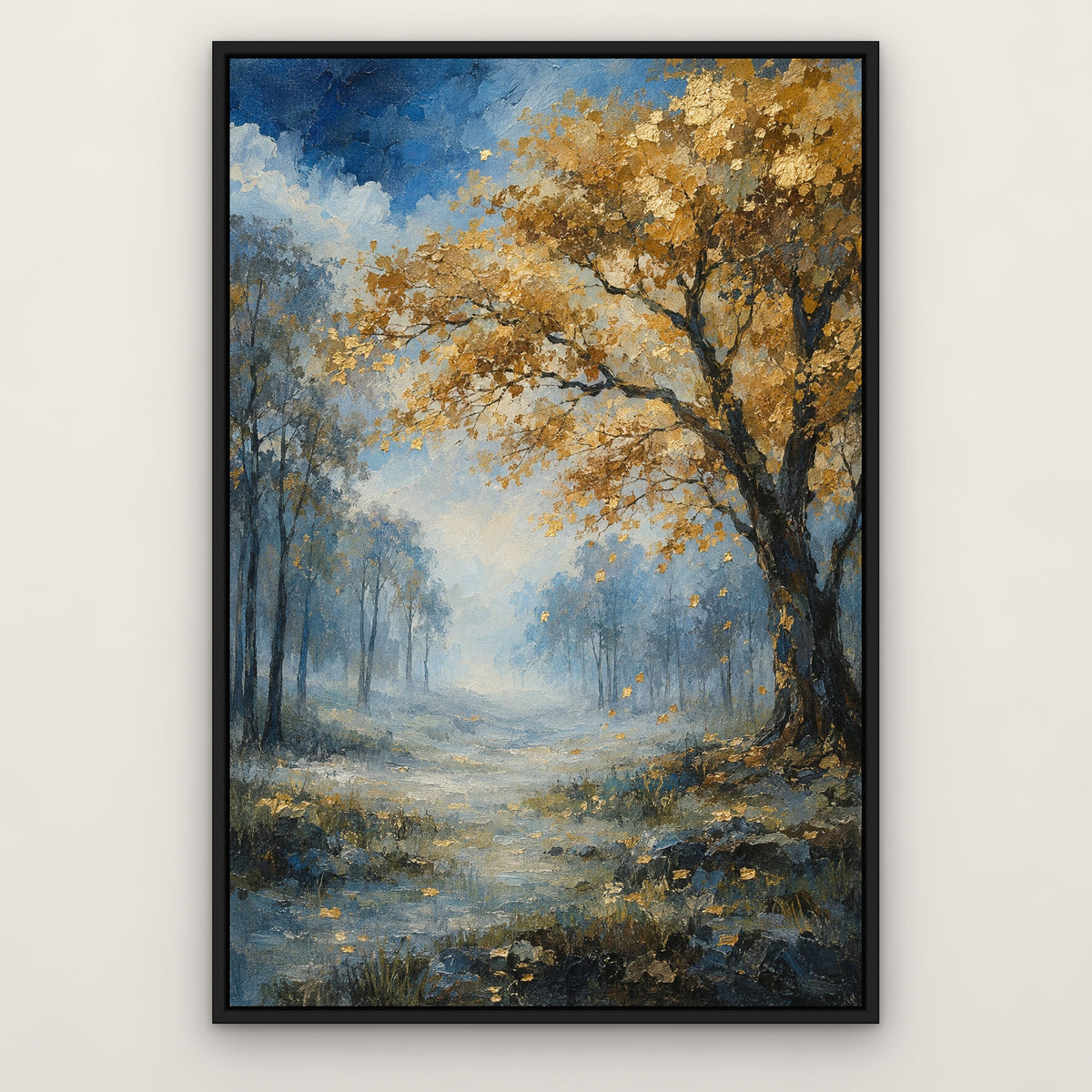 Gilded Blue Forest, gold landscape hand-painted canvas wall art in a slim black float frame – Gallery 23