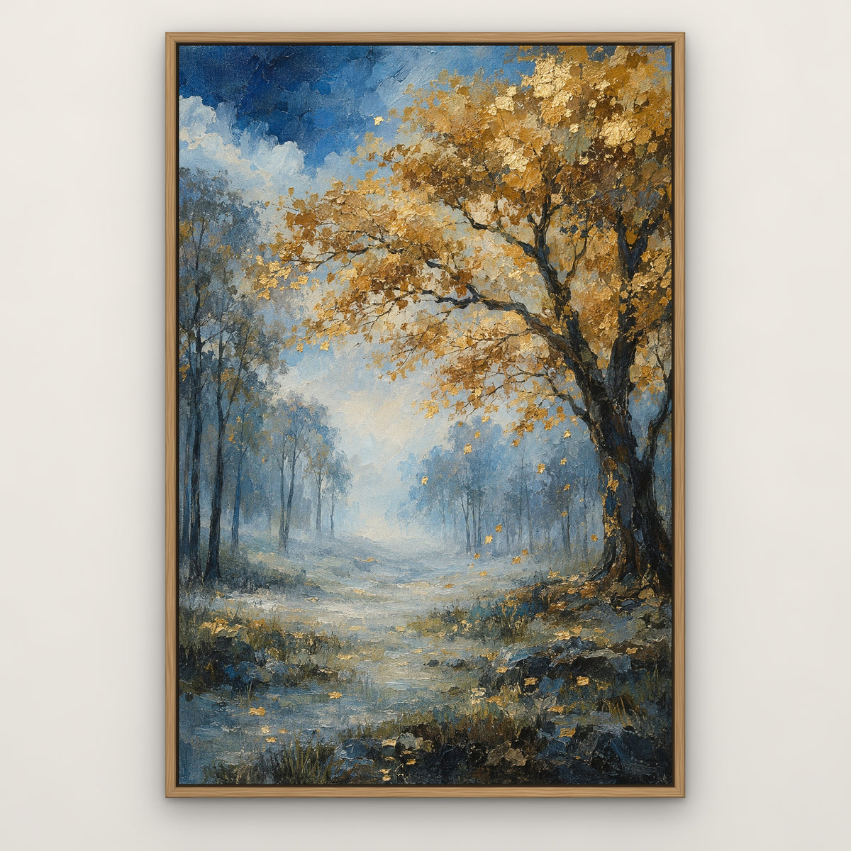 Gilded Blue Forest, gold landscape hand-painted canvas wall art in a slim oak float frame – Gallery 23