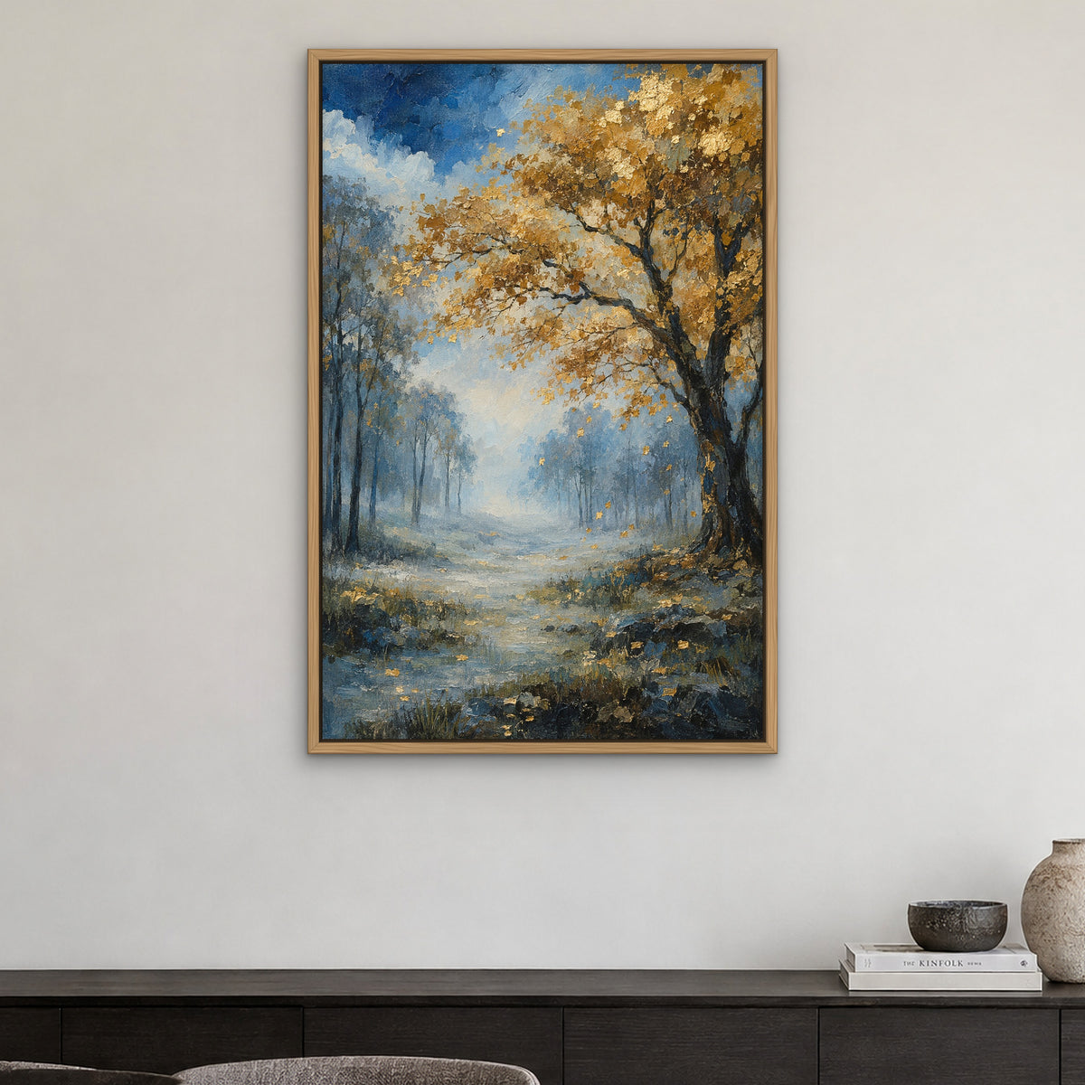 Gilded Blue Forest, gold landscape hand-painted canvas wall art in a dining room – Gallery 23