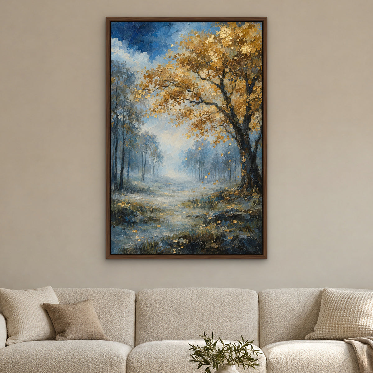 Gilded Blue Forest, gold landscape hand-painted canvas wall art in a living room – Gallery 23