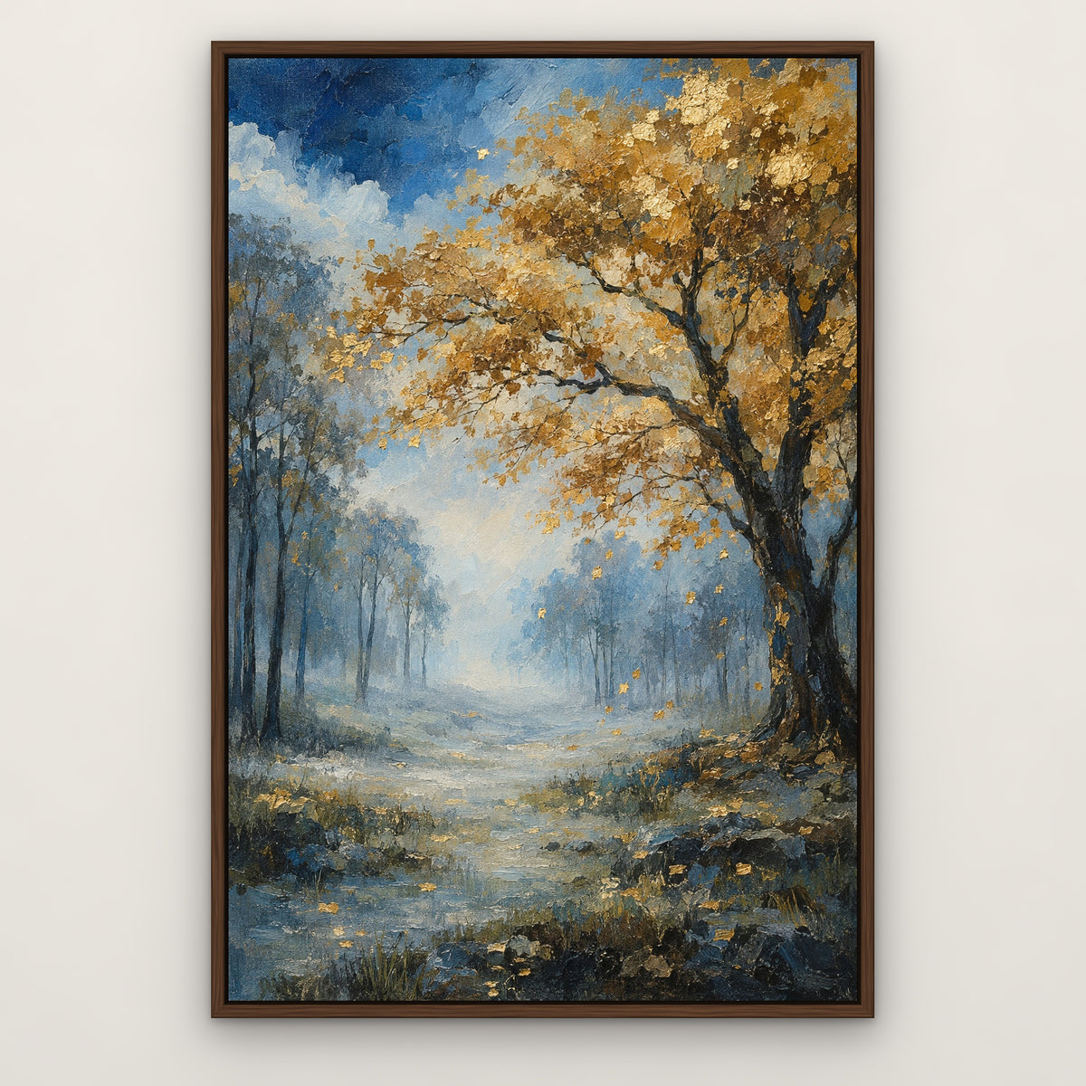 Gilded Blue Forest, gold landscape hand-painted canvas wall art in a slim walnut float frame – Gallery 23