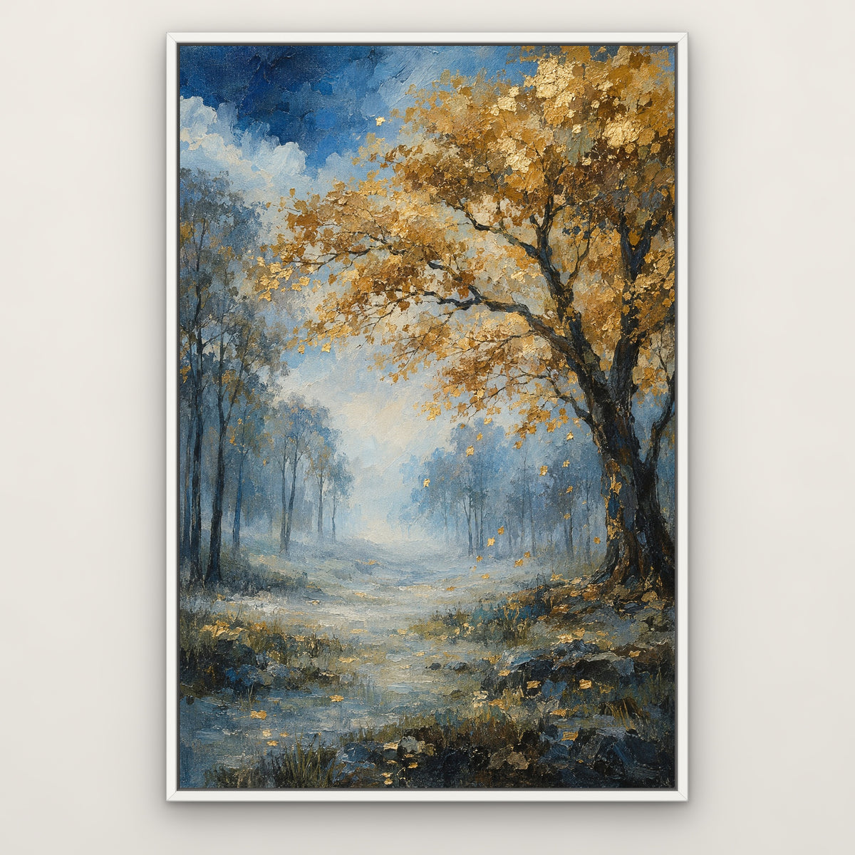 Gilded Blue Forest, gold landscape hand-painted canvas wall art in a slim white float frame – Gallery 23