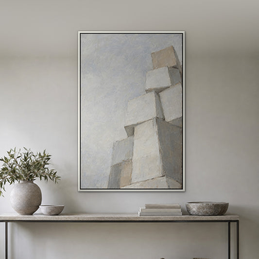 White Square Stack, black and white abstract hand-painted canvas wall art in a hallway – Gallery 23
