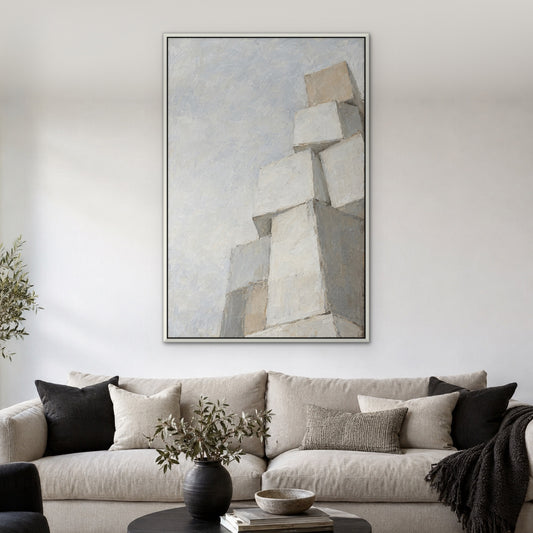 White Square Stack, black and white abstract hand-painted canvas wall art in a living room – Gallery 23