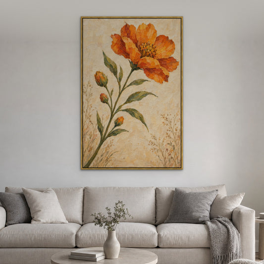 Golden Bloom Sprig, green floral hand-painted canvas wall art in a living room – Gallery 23