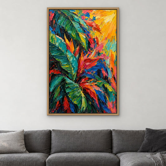 Tropical Brushwork, colourful abstract hand-painted canvas wall art in a living room – Gallery 23
