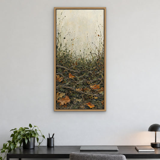 Forest Floor Tangle, green abstract hand-painted canvas wall art in a home office – Gallery 23