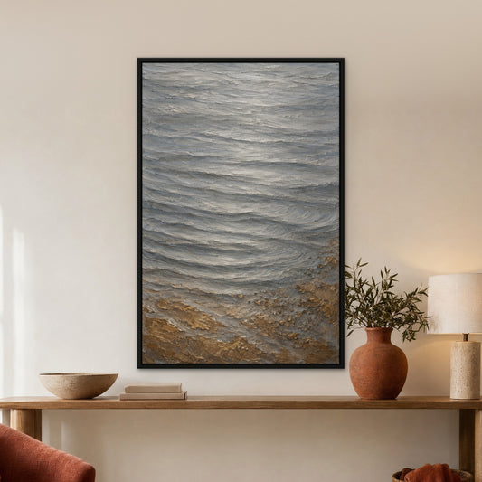 Silver Sand Relief, gold abstract hand-painted canvas wall art in a hallway – Gallery 23