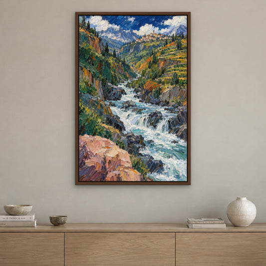 Valley Rush, blue abstract hand-painted canvas wall art in a living room – Gallery 23