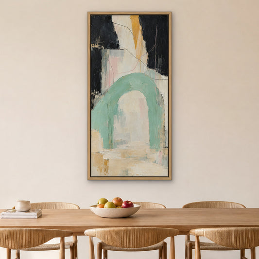 Mint Arch, teal abstract hand-painted canvas wall art in a dining room – Gallery 23