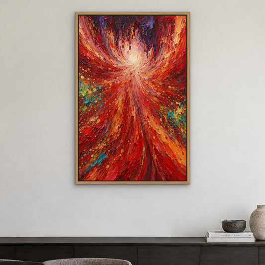 Scarlet Rainfall, red abstract hand-painted canvas wall art in a dining room – Gallery 23