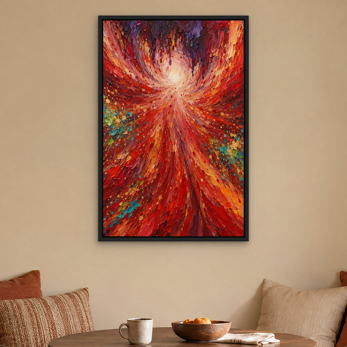 Scarlet Rainfall, red abstract hand-painted canvas wall art in a kitchen nook – Gallery 23