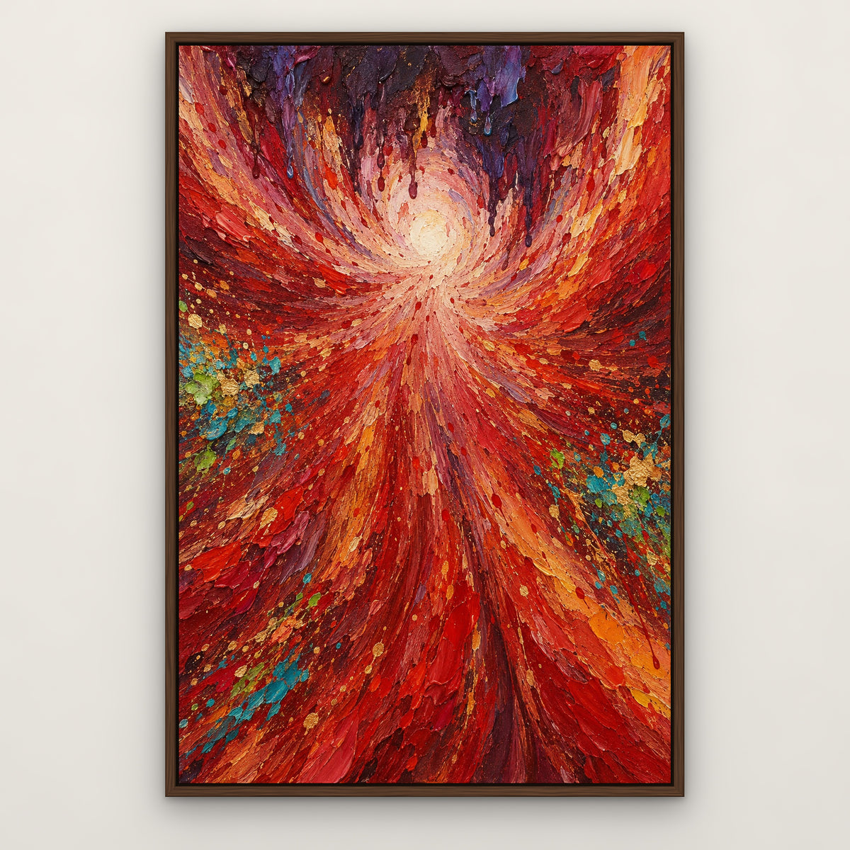 Scarlet Rainfall, red abstract hand-painted canvas wall art in a slim walnut float frame – Gallery 23