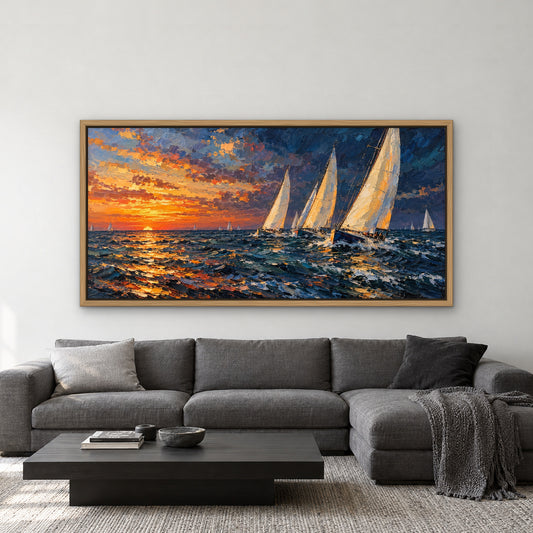 Evening Regatta, blue seascape hand-painted canvas wall art in a living room – Gallery 23