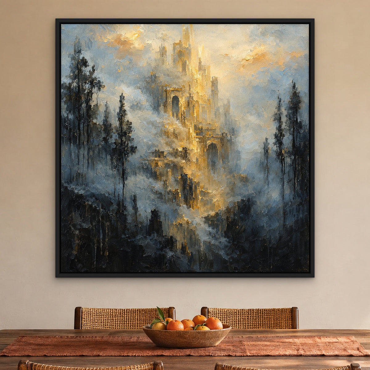 Gilded Twilight Haze, blue abstract hand-painted canvas wall art in a dining room – Gallery 23
