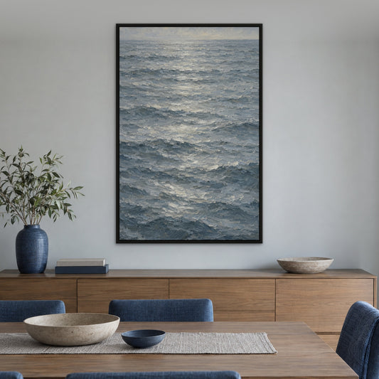 Silver Sea Haze, blue seascape hand-painted canvas wall art in a dining room – Gallery 23