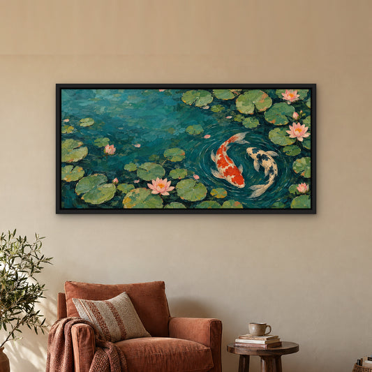 Koi Pair, orange animal hand-painted canvas wall art in a reading corner – Gallery 23