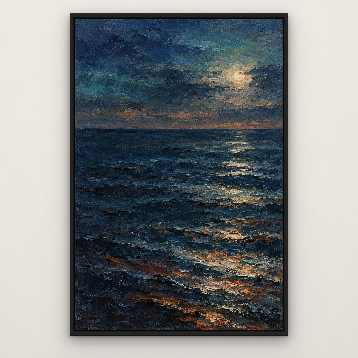 Ultramarine Dusk, blue abstract hand-painted canvas wall art in a slim black float frame – Gallery 23