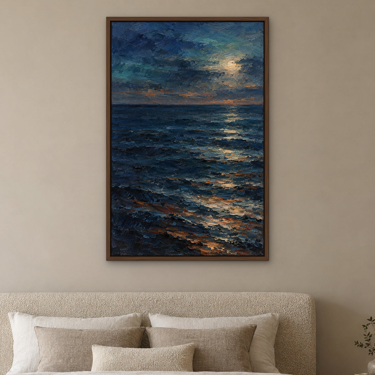 Ultramarine Dusk, blue abstract hand-painted canvas wall art in a bedroom – Gallery 23