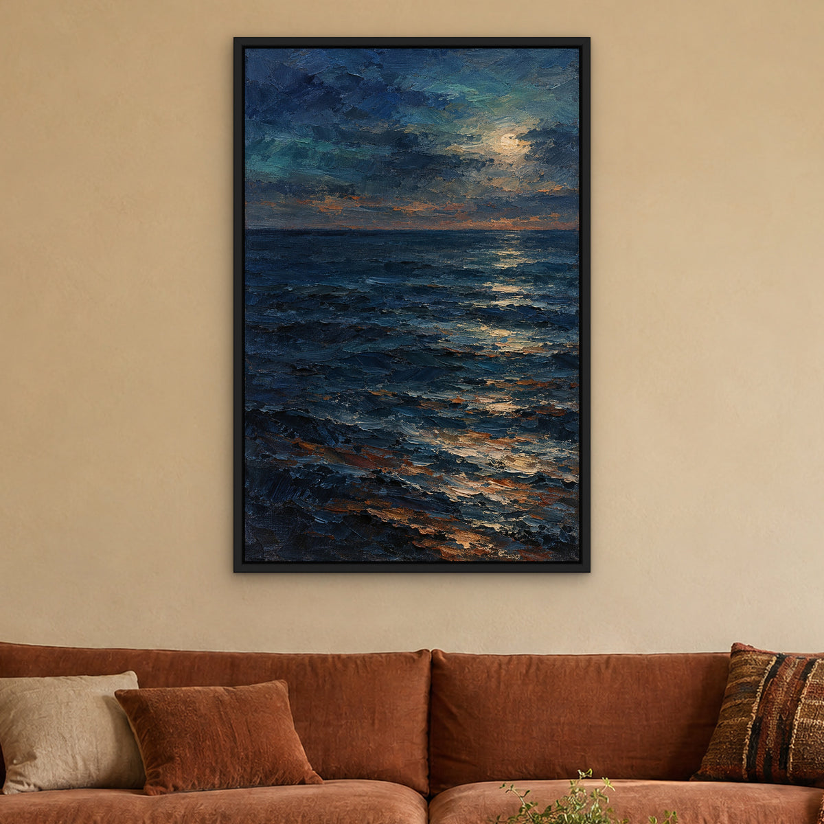 Ultramarine Dusk, blue abstract hand-painted canvas wall art in a living room – Gallery 23