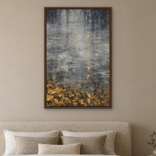 Silver Rain Gold Leaf, grey abstract hand-painted canvas wall art in a bedroom – Gallery 23