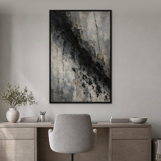 Ash and Shadow, black and white abstract hand-painted canvas wall art in a home office – Gallery 23
