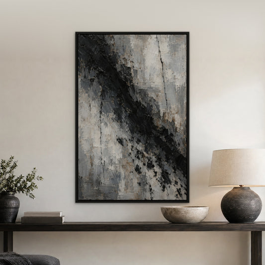 Ash and Shadow, black and white abstract hand-painted canvas wall art in a hallway – Gallery 23