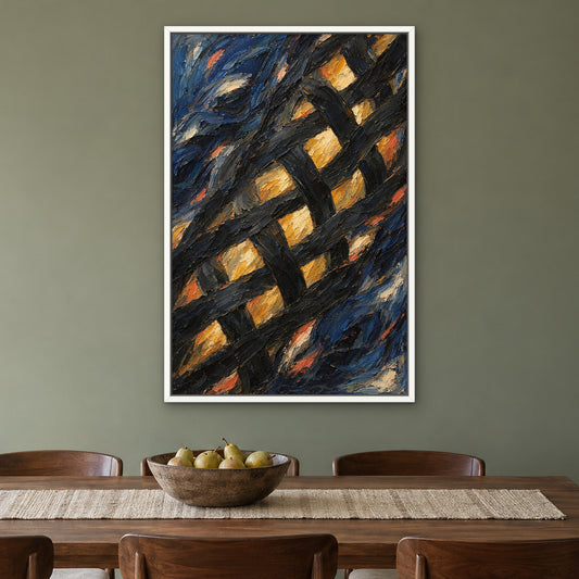 Woven Shadows, colourful abstract hand-painted canvas wall art in a dining room – Gallery 23