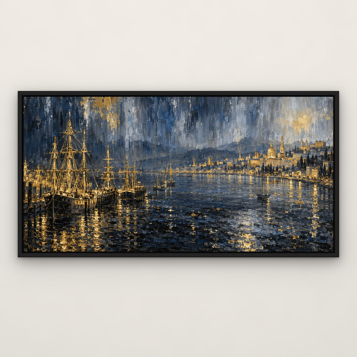 Gilded Harbour Skyline, blue cityscape hand-painted canvas wall art in a slim black float frame – Gallery 23