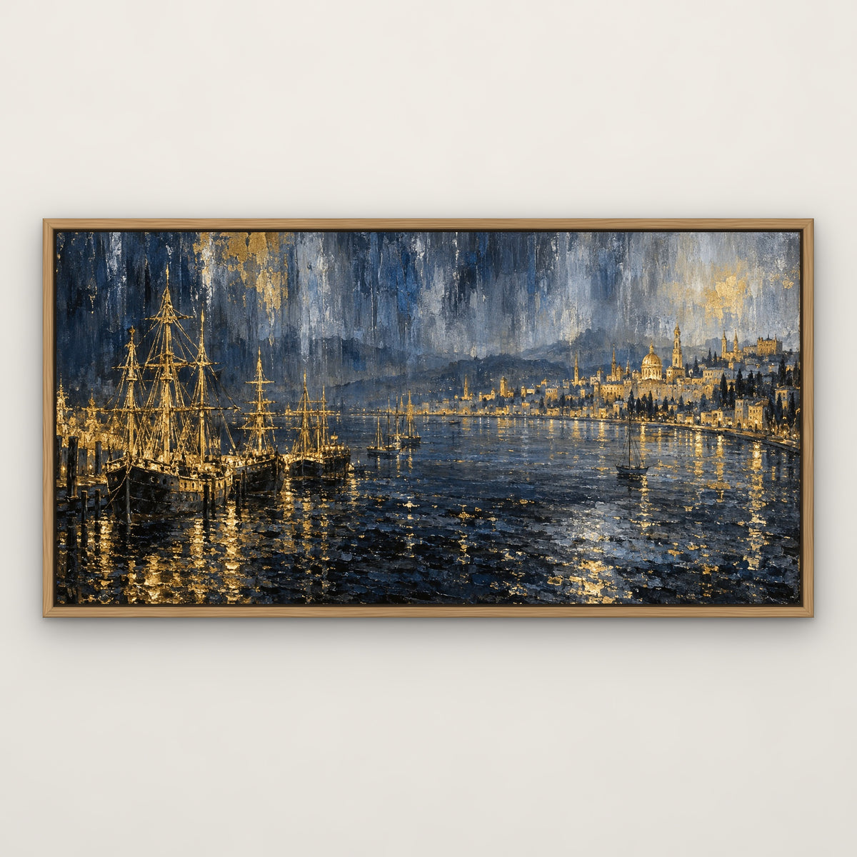 Gilded Harbour Skyline, blue cityscape hand-painted canvas wall art in a slim oak float frame – Gallery 23