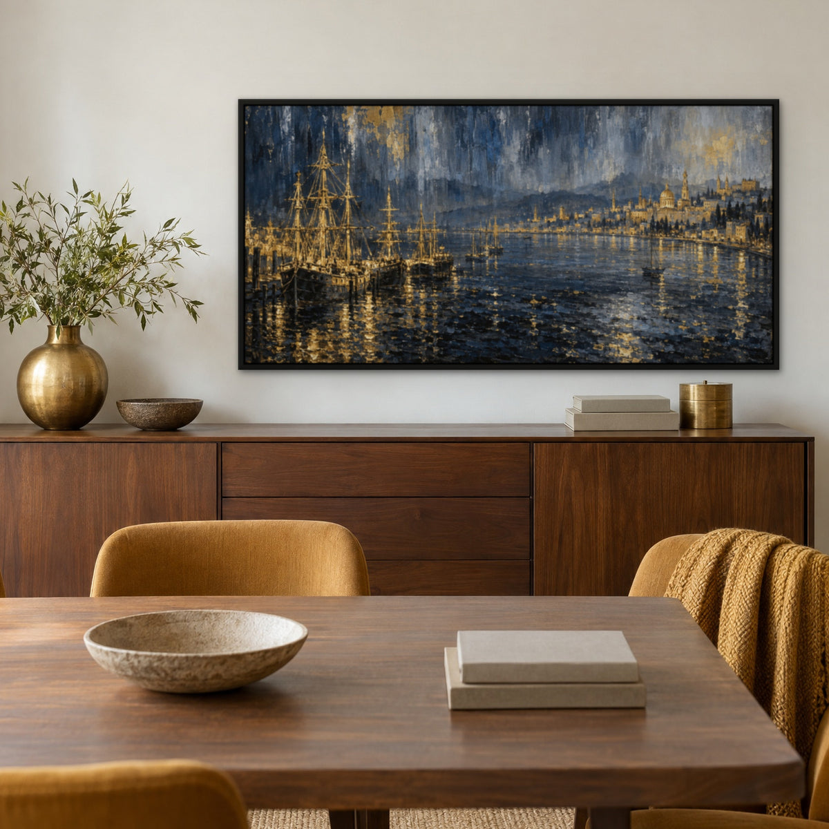 Gilded Harbour Skyline, blue cityscape hand-painted canvas wall art in a dining room – Gallery 23