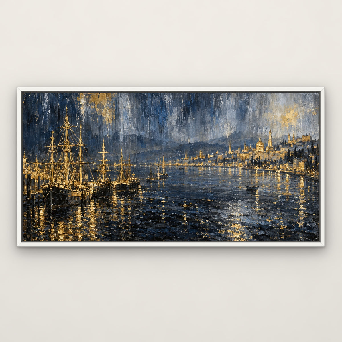 Gilded Harbour Skyline, blue cityscape hand-painted canvas wall art in a slim white float frame – Gallery 23