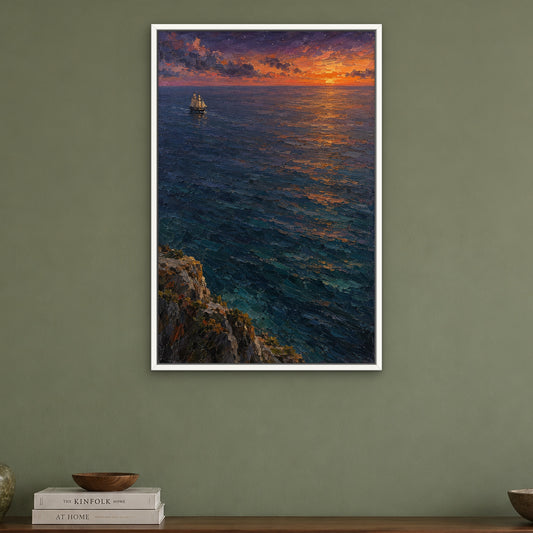 Tall Ship at Sunset, blue seascape hand-painted canvas wall art in a dining room – Gallery 23