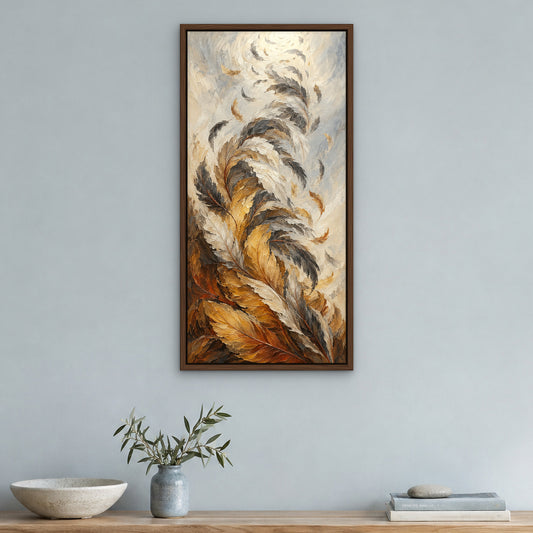 Feathered Whirl, blue abstract hand-painted canvas wall art in a hallway – Gallery 23