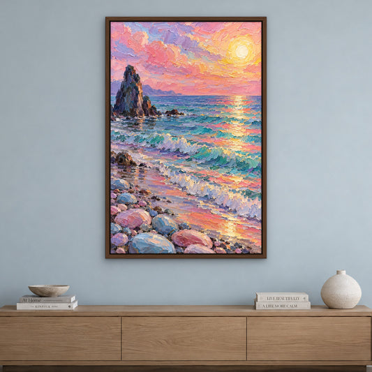 Candyfloss Sunset Sea, colourful seascape hand-painted canvas wall art in a living room – Gallery 23