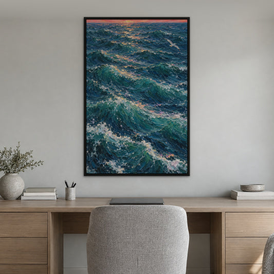 Coral Sky Wave, blue seascape hand-painted canvas wall art in a home office – Gallery 23