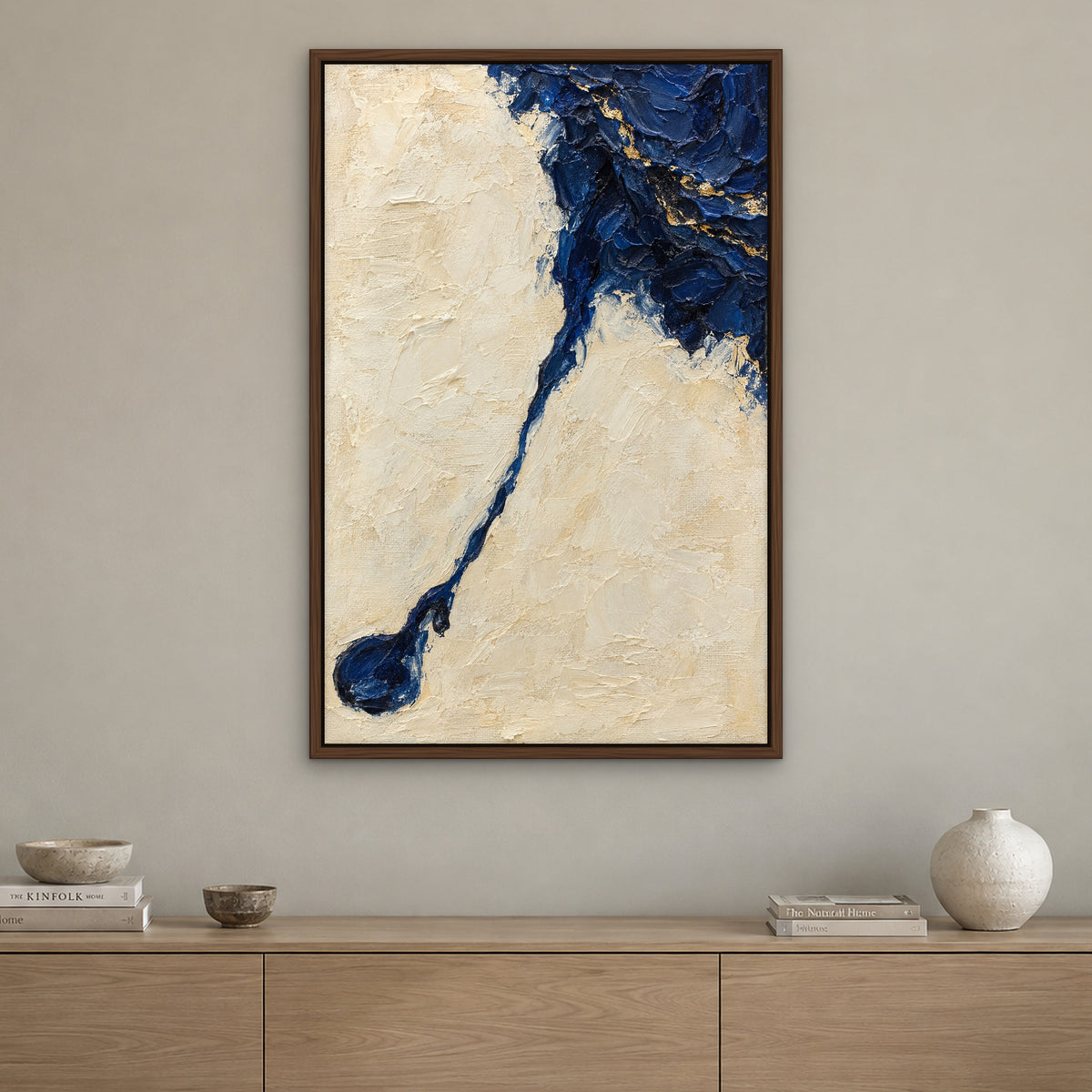 Indigo Drip, blue abstract hand-painted canvas wall art in a living room – Gallery 23