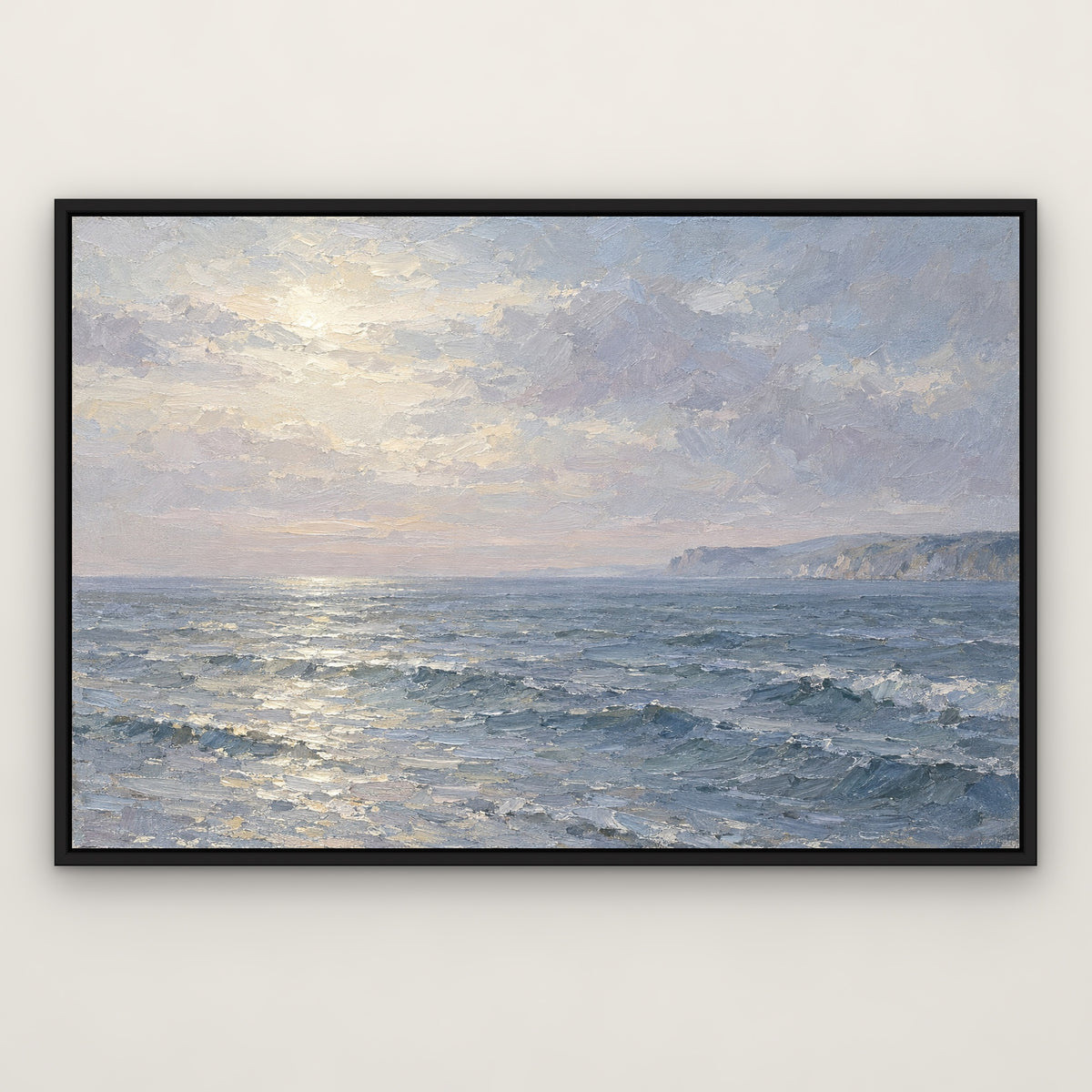 Silver Horizon, blue seascape hand-painted canvas wall art in a slim black float frame – Gallery 23