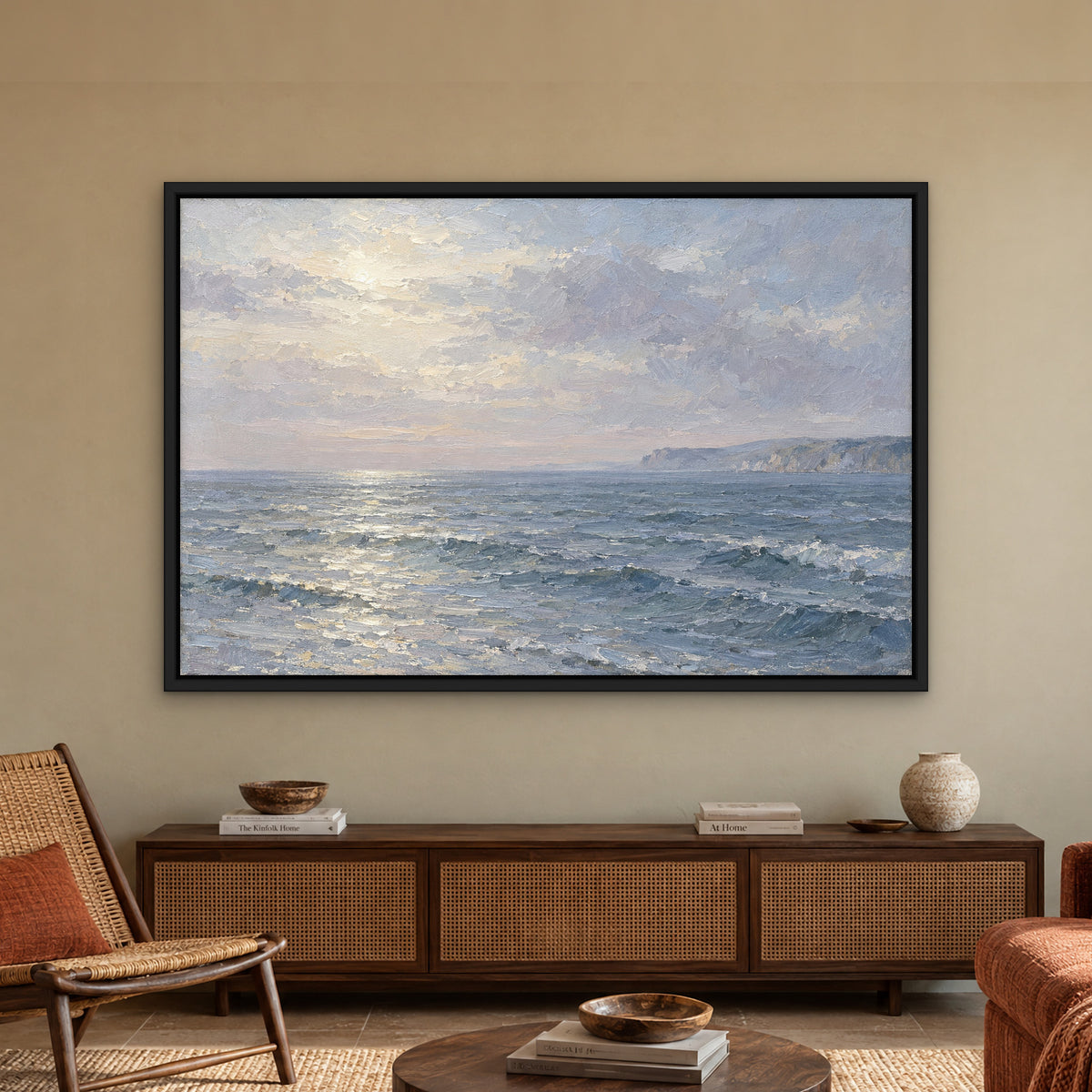 Silver Horizon, blue seascape hand-painted canvas wall art in a living room – Gallery 23