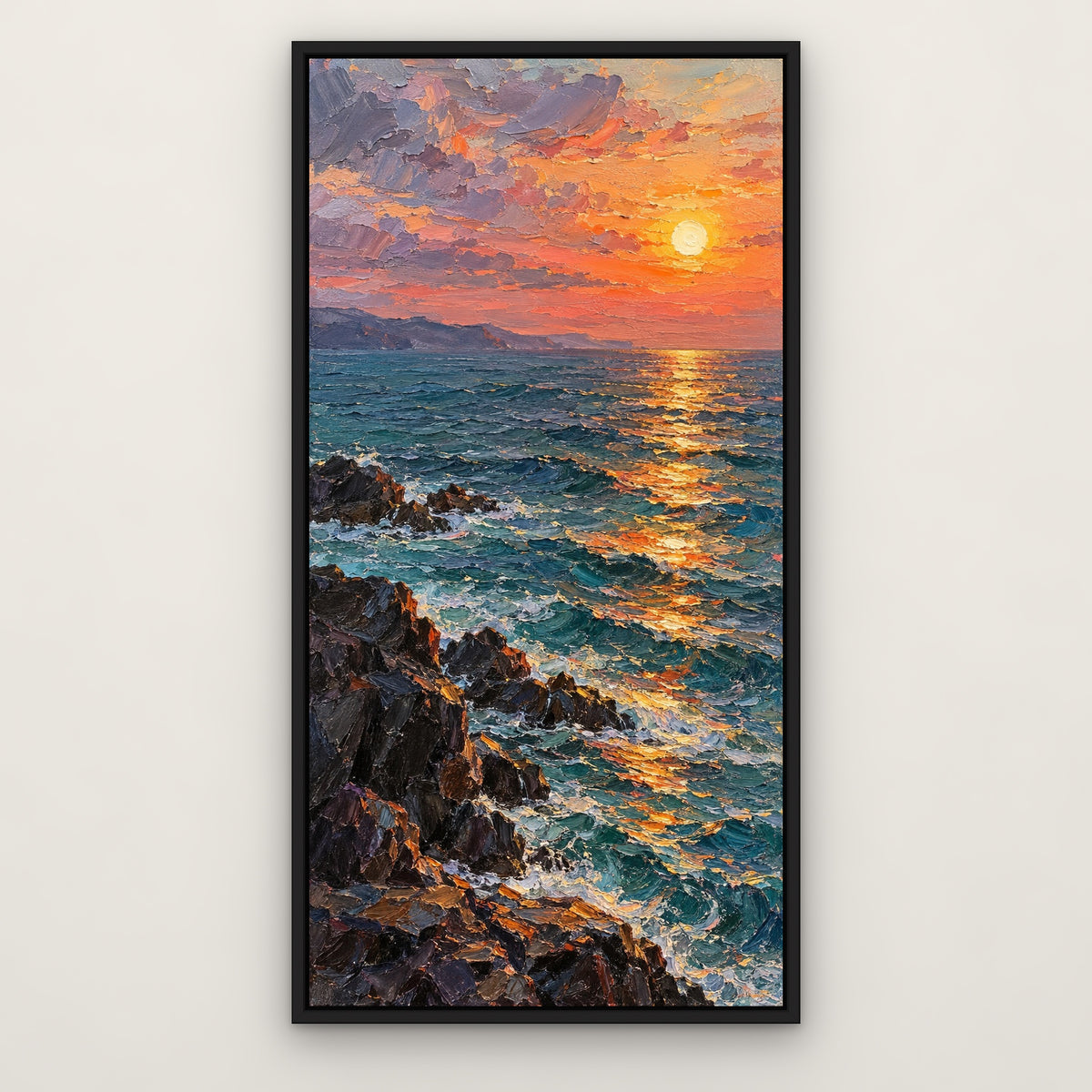 Sunset Path at Sea, colourful seascape hand-painted canvas wall art in a slim black float frame – Gallery 23