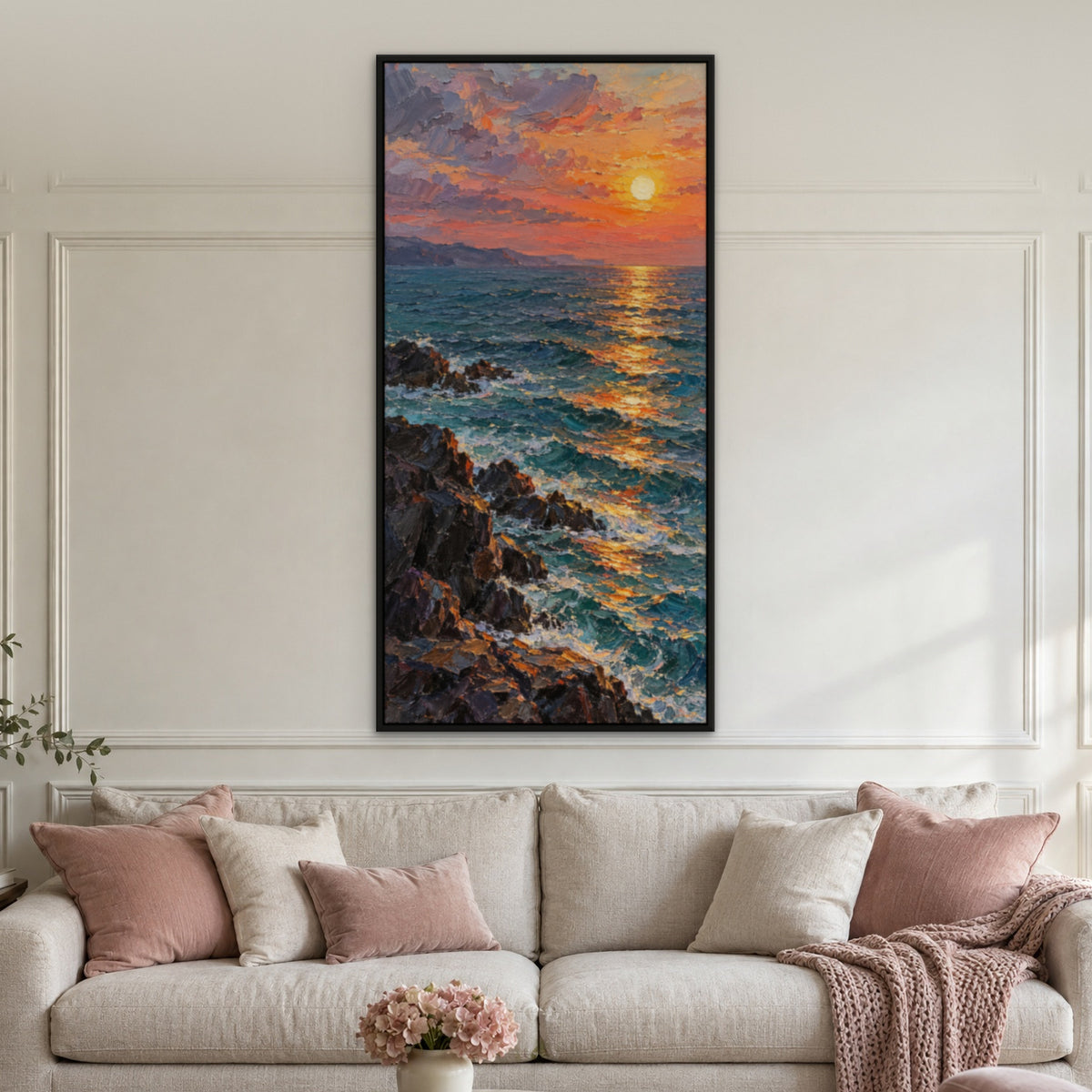 Sunset Path at Sea, colourful seascape hand-painted canvas wall art in a living room – Gallery 23