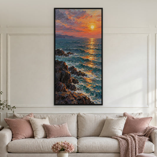 Sunset Path at Sea, colourful seascape hand-painted canvas wall art in a living room – Gallery 23